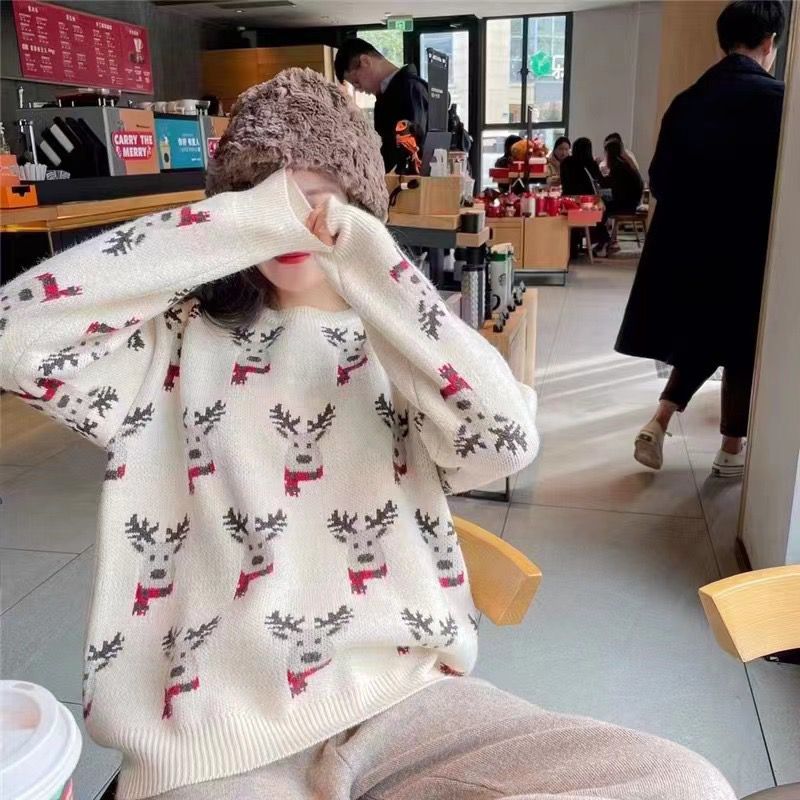 2023新款韓版紅色聖誕毛衣女設計感洋氣秋冬寬鬆加厚百搭小個子