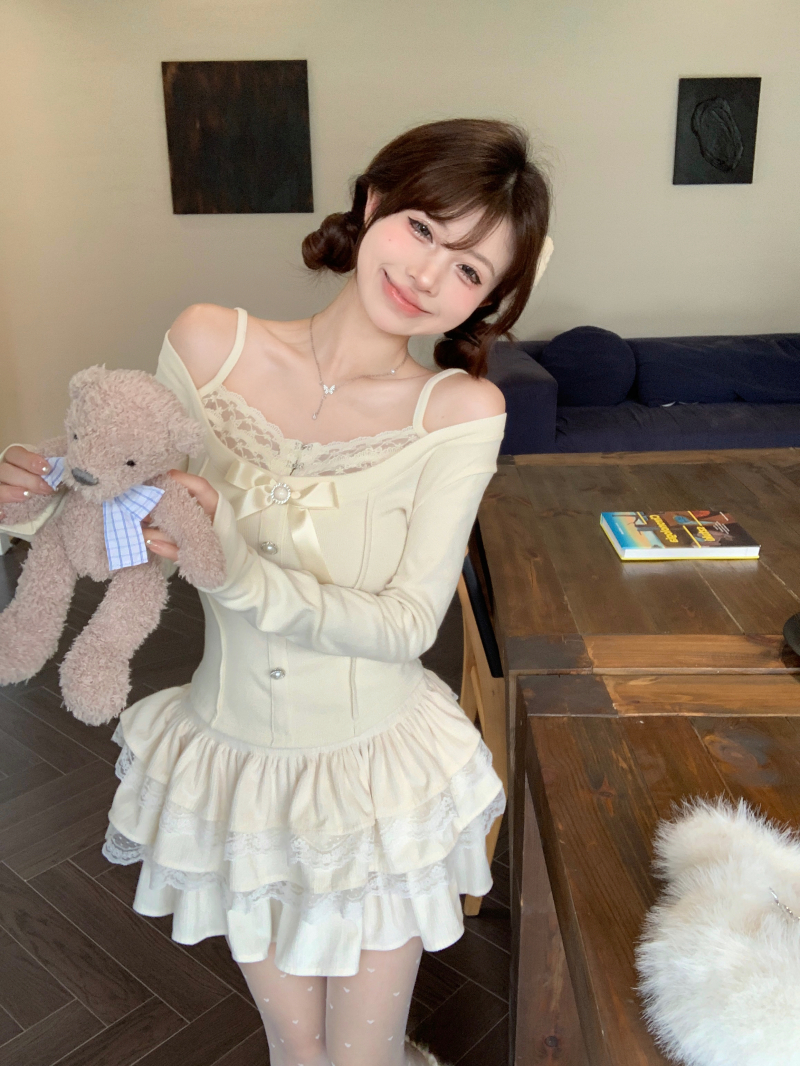 實拍 少女內搭拼接蕾絲打底女秋冬蝴蝶結保暖假兩件長袖上衣