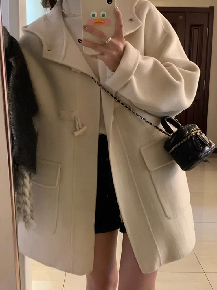 小個子牛角扣復古呢子大衣女新款秋冬慵懶風寬鬆顯瘦毛呢外套女潮
