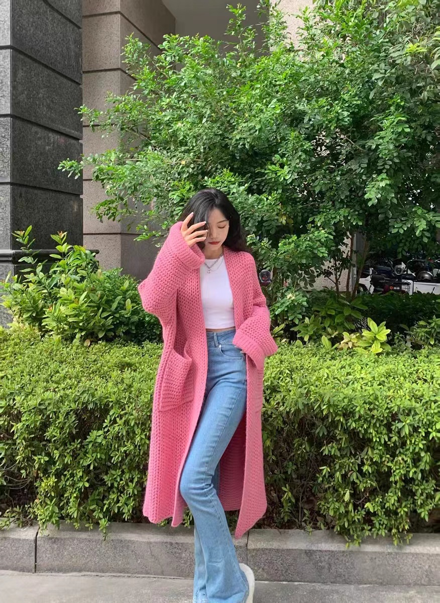 日落甜心慵懶軟糯厚實長款針織衫女復古寬鬆休閒顯瘦長袖毛衣外套
