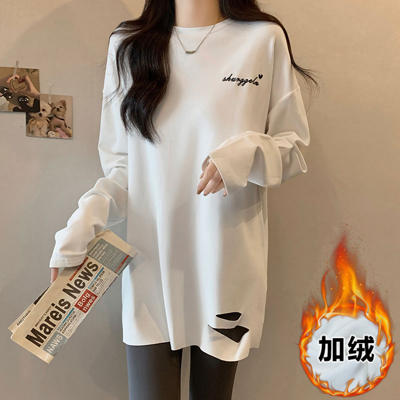 實拍加絨圓領長袖打底衫女秋冬季字母刺繡t恤破洞中長款上衣