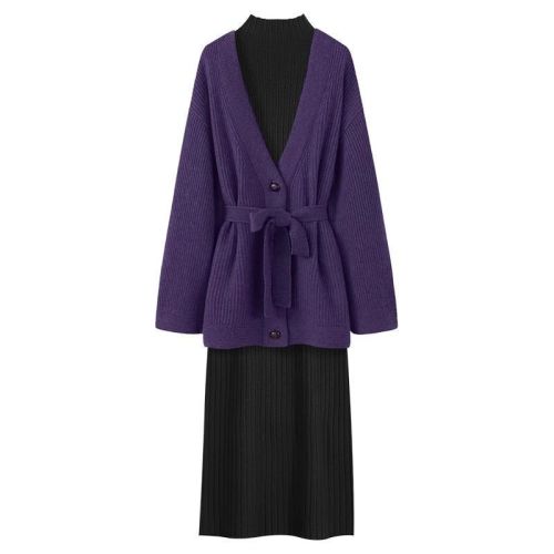 慵懒宽松紫色针织毛衣开衫女秋冬收腰显瘦针织连衣裙两件套装