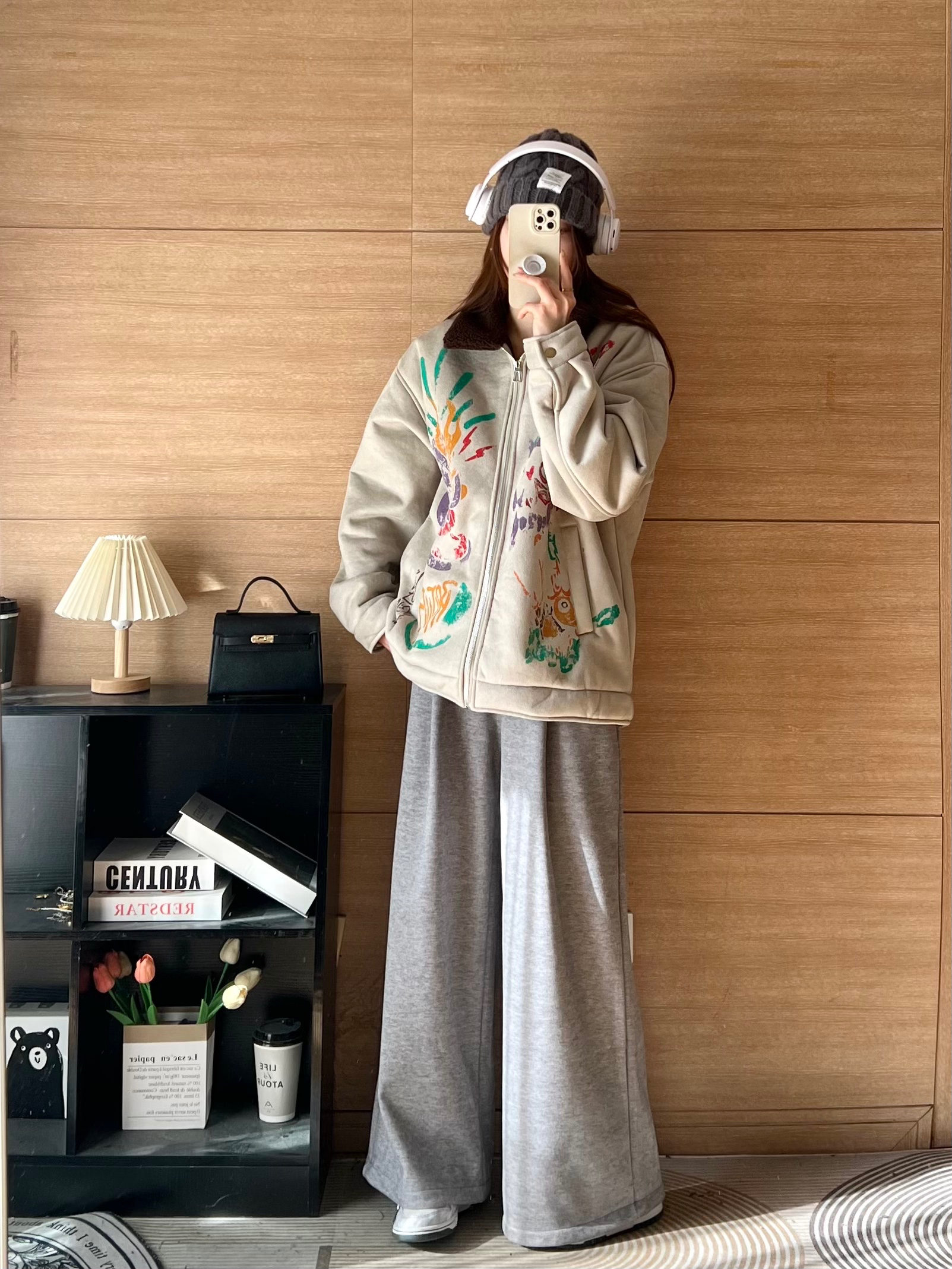 麂皮絨複合泰迪絨450克美式高街塗鴉翻領羊羔絨棉服外套女