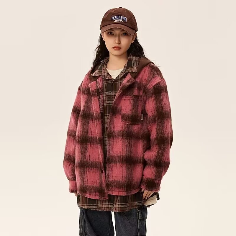 2023 New Hooded Plaid Lazy Style Jacket Women's Spring and Autumn Retro Maillard Top American Trendy