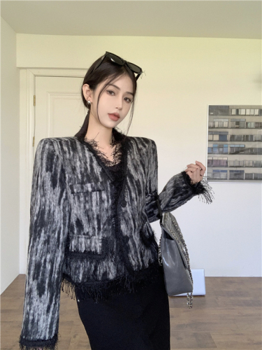 Real shot Real shot High-end smudge-dyed tassel woolen small fragrant style jacket for women