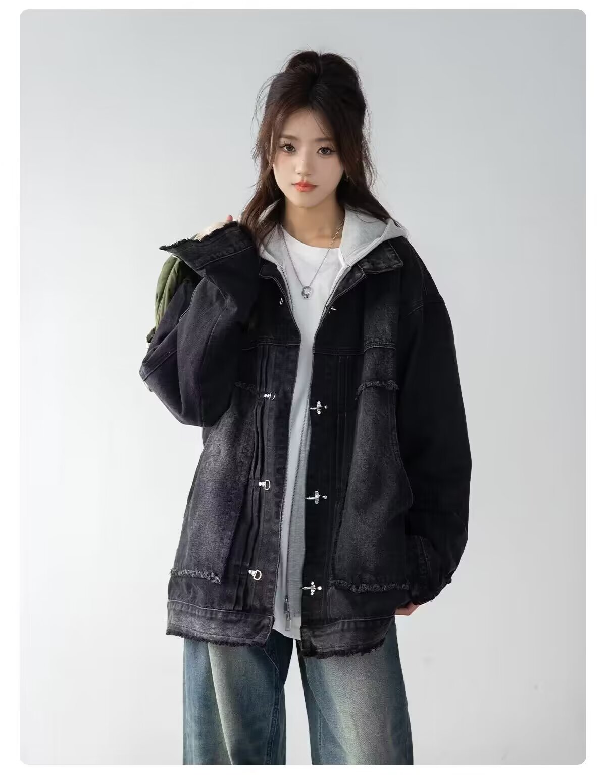 黑色牛仔外套女2023秋冬美式復古高級感寬鬆休閒潮夾克上衣