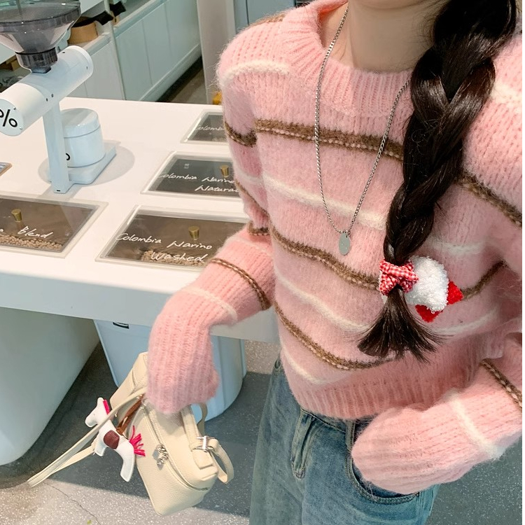 條紋圓領撞色洋氣減齡毛衣女2023年秋冬季新款粉色寬鬆顯瘦百搭潮