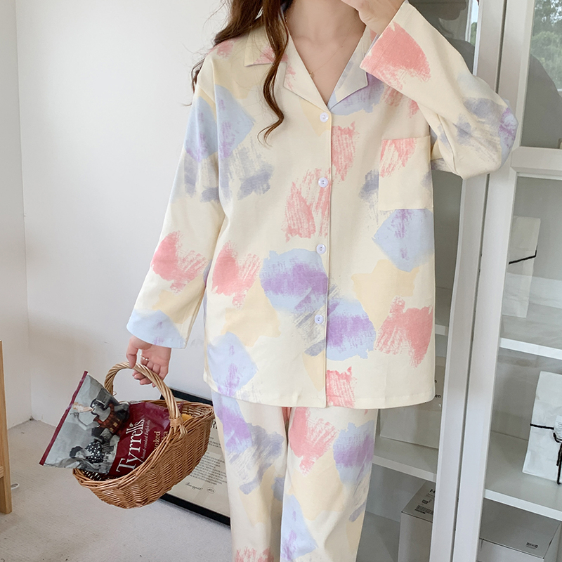 艾尚春秋長袖翻領開衫睡衣女款甜美少女卡通甜美家居服套裝