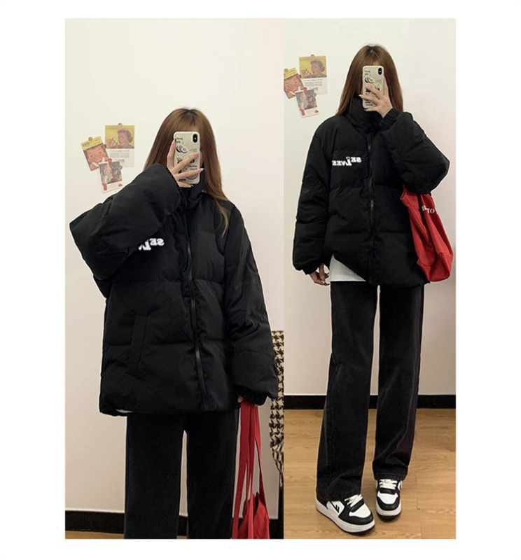 高品質手塞棉加厚冬季新款棉服寬鬆印花棉衣麵包服女
