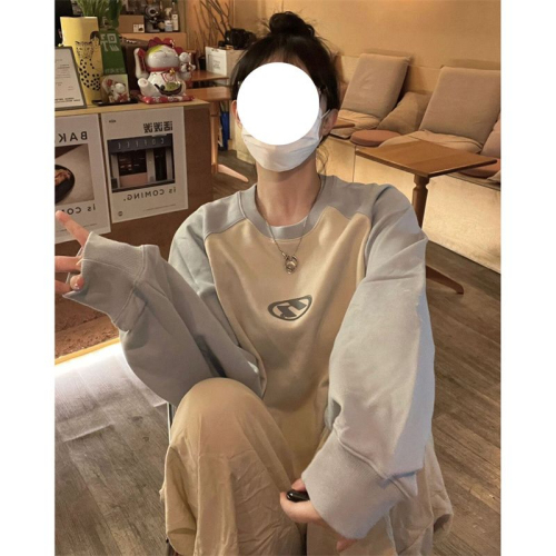 Matte Chinese cotton thin/thick shoulder collar, matching color printing, contrasting color splicing round neck sweatshirt