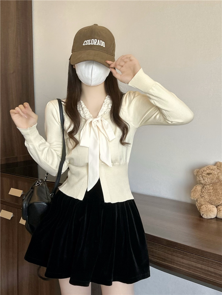 實拍~秋季新款設計感拼接蝴蝶結顯瘦小香風針織上衣