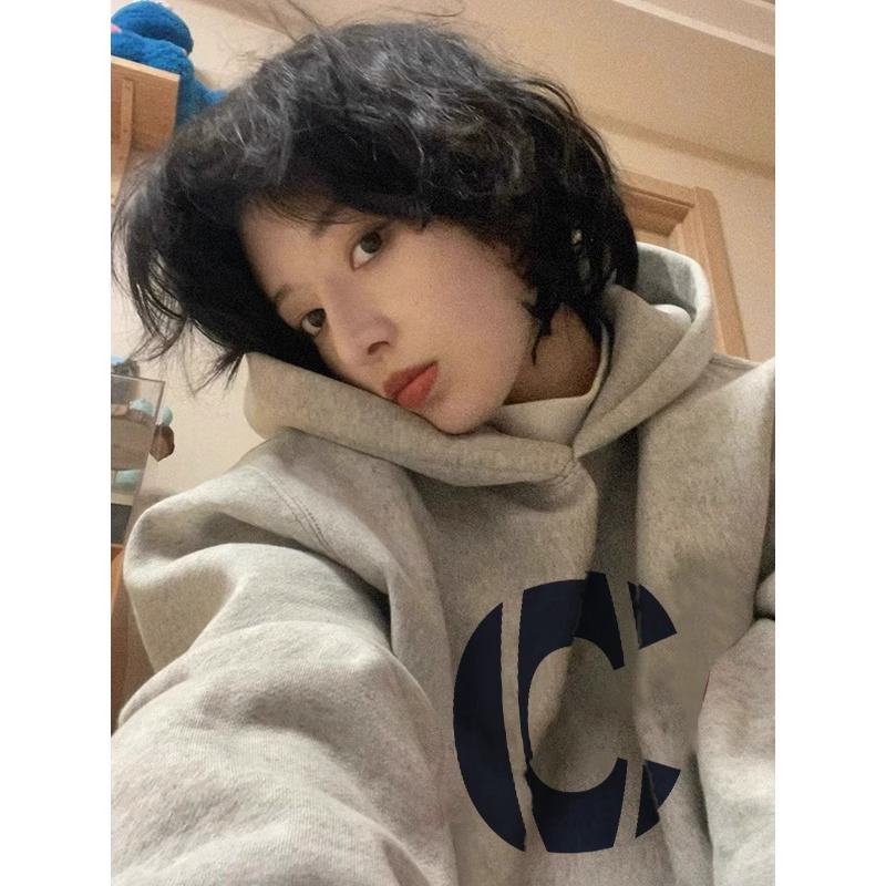 CVC棉麵食毛華棉複合/牛奶絲300克銀狐絨400克前 印花連帽衛衣女