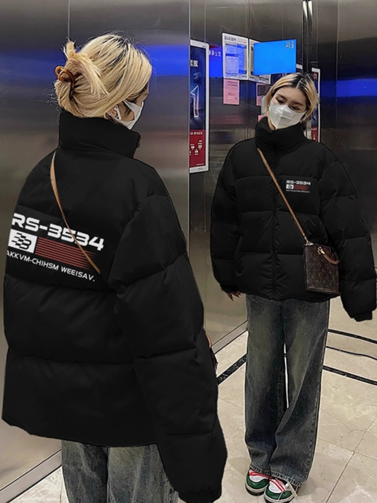 手塞棉棉服冬季新款寬鬆加厚棉衣麵包服印花外套女
