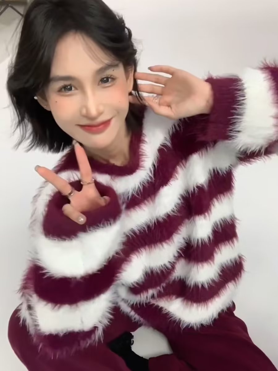 仿貂毛條紋高級感毛衣女秋季新款加厚寬鬆慵懶風圓領上衣拼色針織