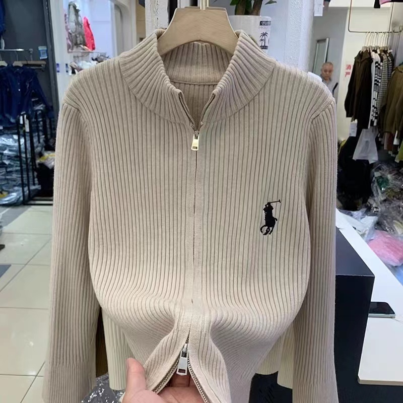刺繡立領坑條白色針織開衫女秋冬新款超好看毛衣短外套拉鏈打底衫