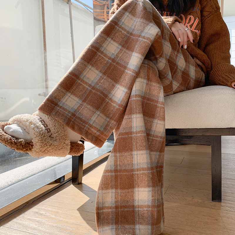 Thin/velvet brown plaid trousers for women in autumn and winter new high-waist drape cotton trousers straight casual woolen wide-leg trousers