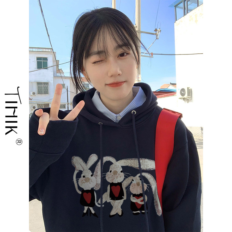 官圖華棉複合薄款310克/加絨410克秋冬裝衛衣女印花