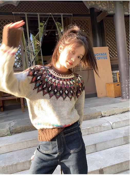 馨幫幫 小眾復古費爾島提花圓領寬鬆套頭針織毛衣女2023秋季新款