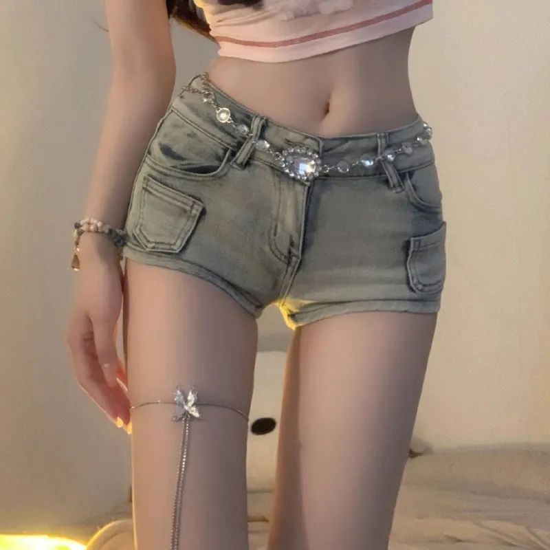 美式辣妹復古低腰牛仔超短褲女2023春夏新款修身顯瘦包臀闊腿熱褲
