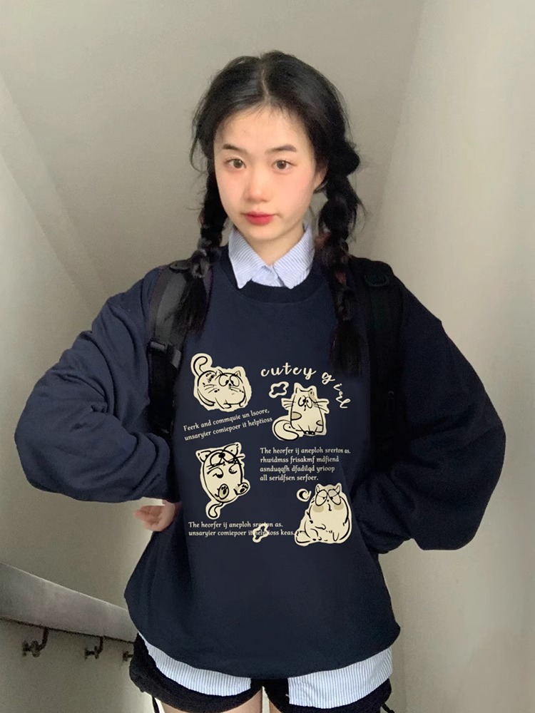 韓版藏青色圓領衛衣女2023新款秋冬加絨套頭寬鬆無帽上衣潮學院風