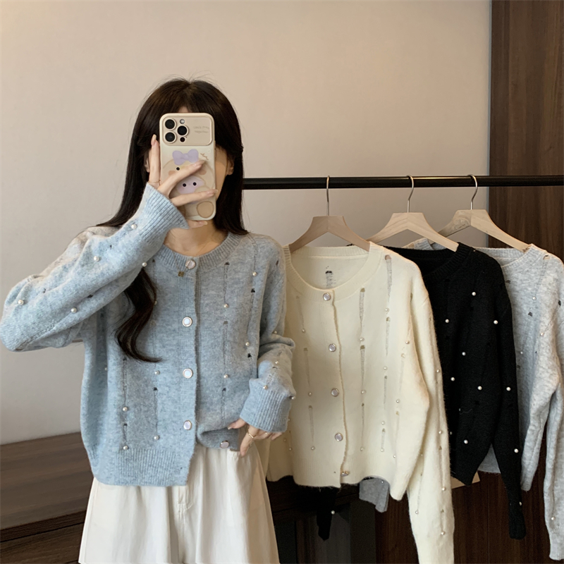 實拍 新款小香風重工釘珠毛衣女秋別致高級感長袖針織開衫