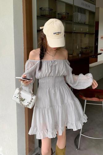 Actual shot of 2024 spring and summer new retro palace style dress for women silver gray long-sleeved short skirt