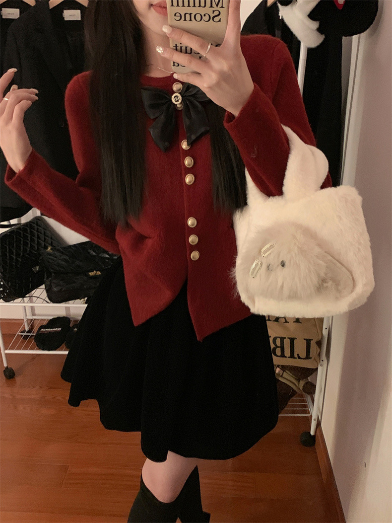 小個子白色蝴蝶結毛衣女秋冬季新款小香風高級感氣質針織上衣