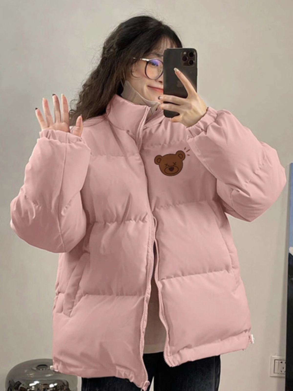 高品質手塞棉加厚冬季新款棉服寬鬆印花棉衣麵包服女