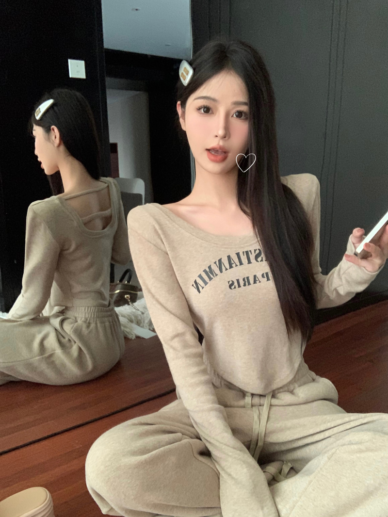 實拍~新款韓版純欲風印花後背鏤空上衣高腰純色長褲子兩件套