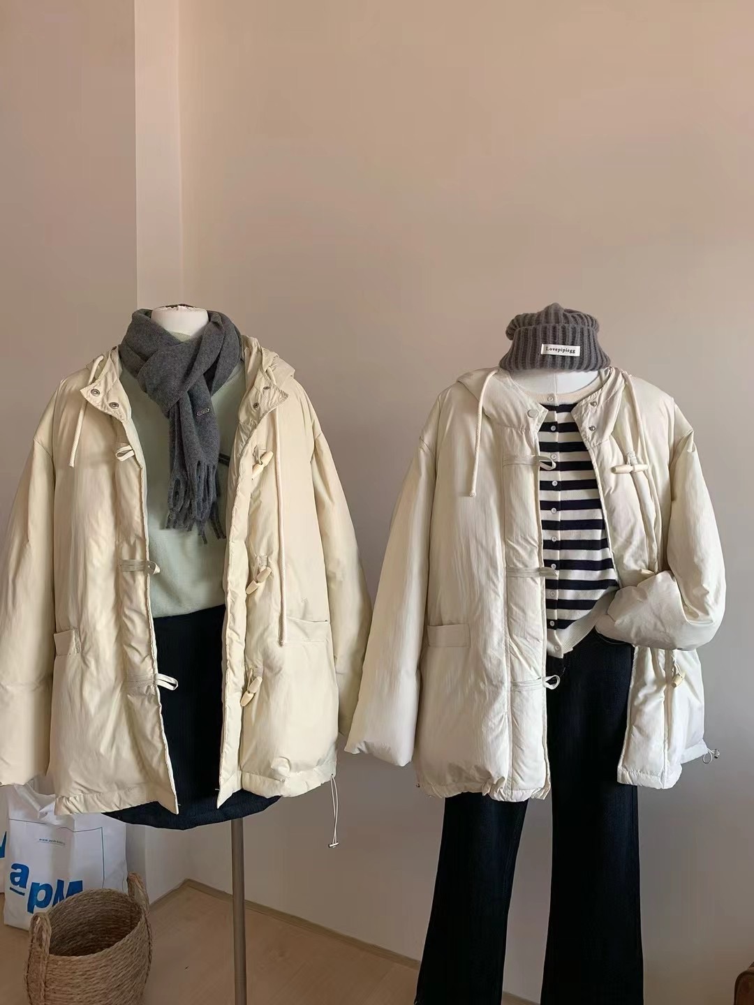 實拍～冬季新品白鴨絨連帽羽絨服韓版加厚牛角扣羽絨外套中長款