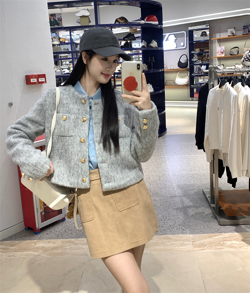 實拍~ 藍色襯衫燈芯絨短裙兩件套女設計感灰色夾棉外套