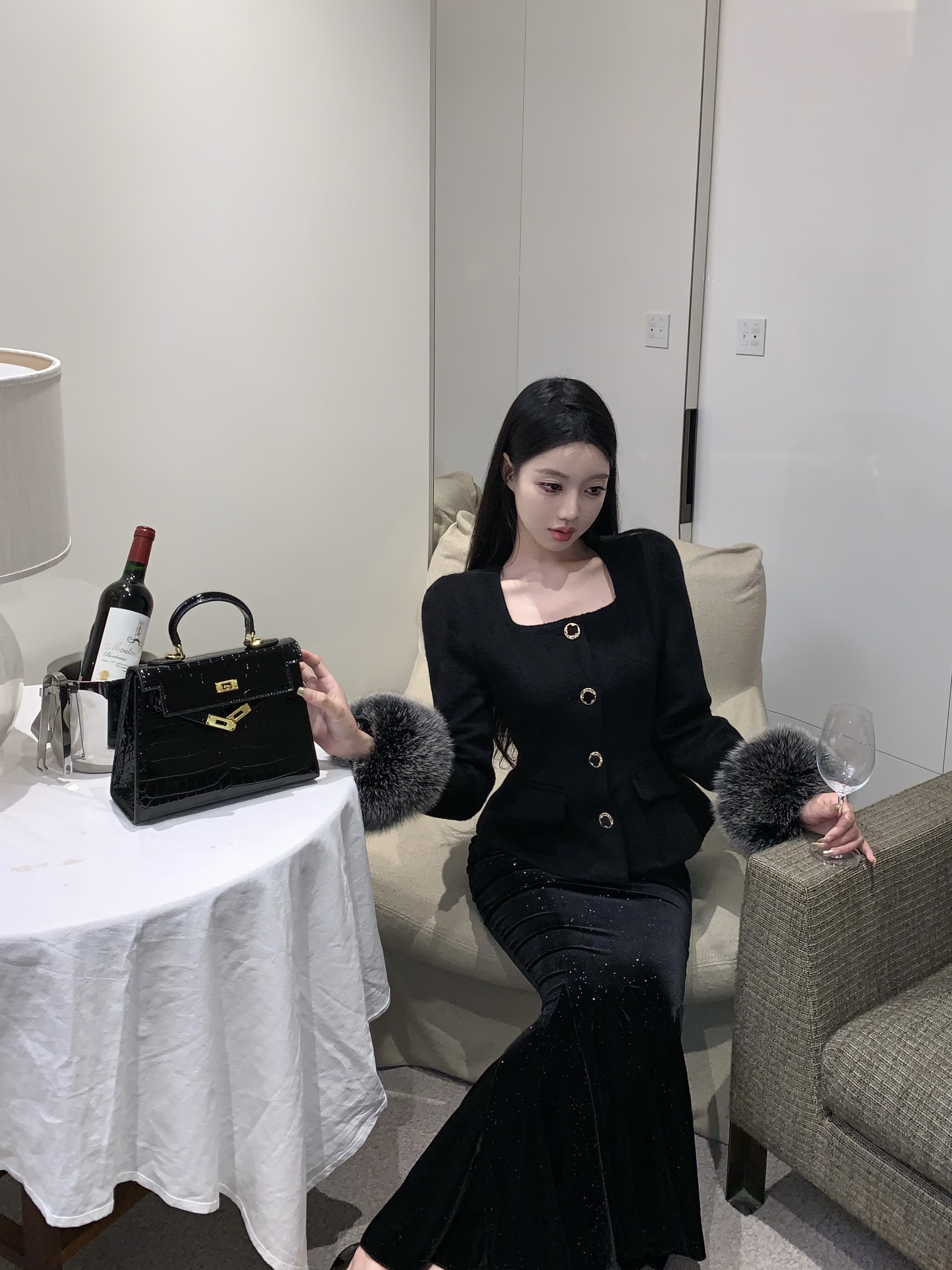 實拍 一擲千金復古摩登拽姐方領上衣+步步生蓮半裙