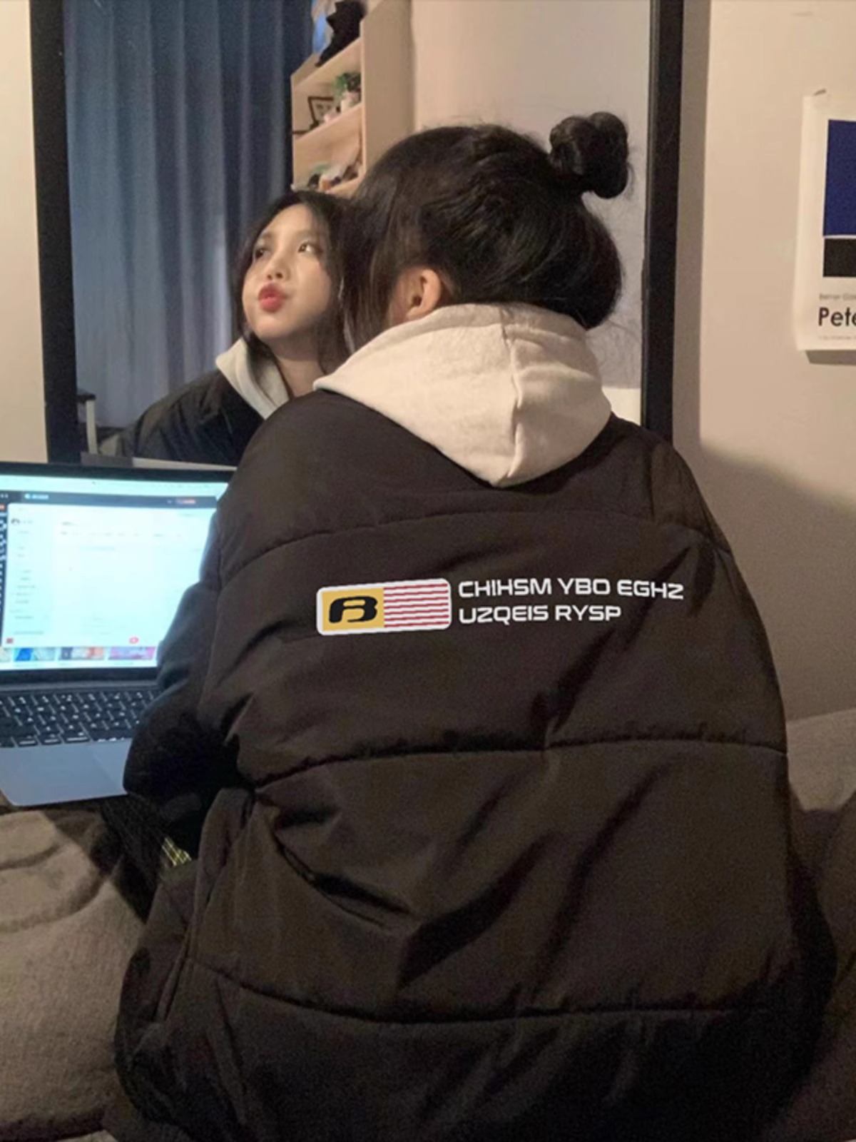 高品質手塞棉加厚冬季新款棉服寬鬆印花棉衣麵包服女