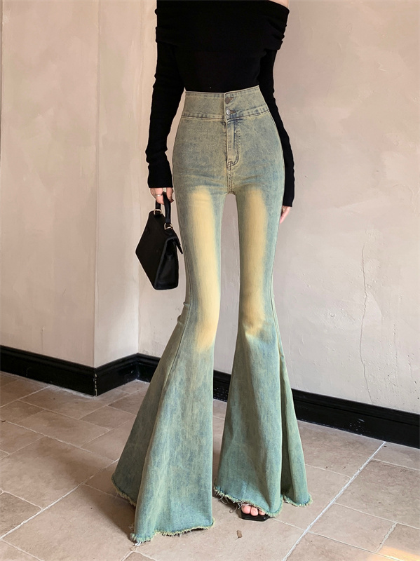 Double-button trendy design high-waisted slim-fitting large-flared wide-leg raw edge jeans
