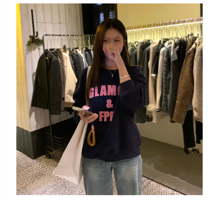 美式復古字母加絨加厚衛衣女秋冬2023新款寬鬆慵懶風圓領長袖上衣