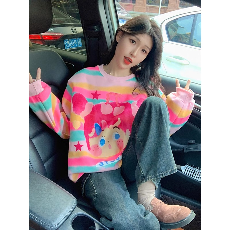 原版做工條紋加絨衛衣女秋冬洋氣減齡卡通設計感小個子慵懶上衣
