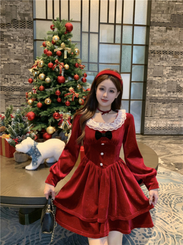 实拍在逃公主细闪红色圣诞新年蕾丝丝绒公主战裙