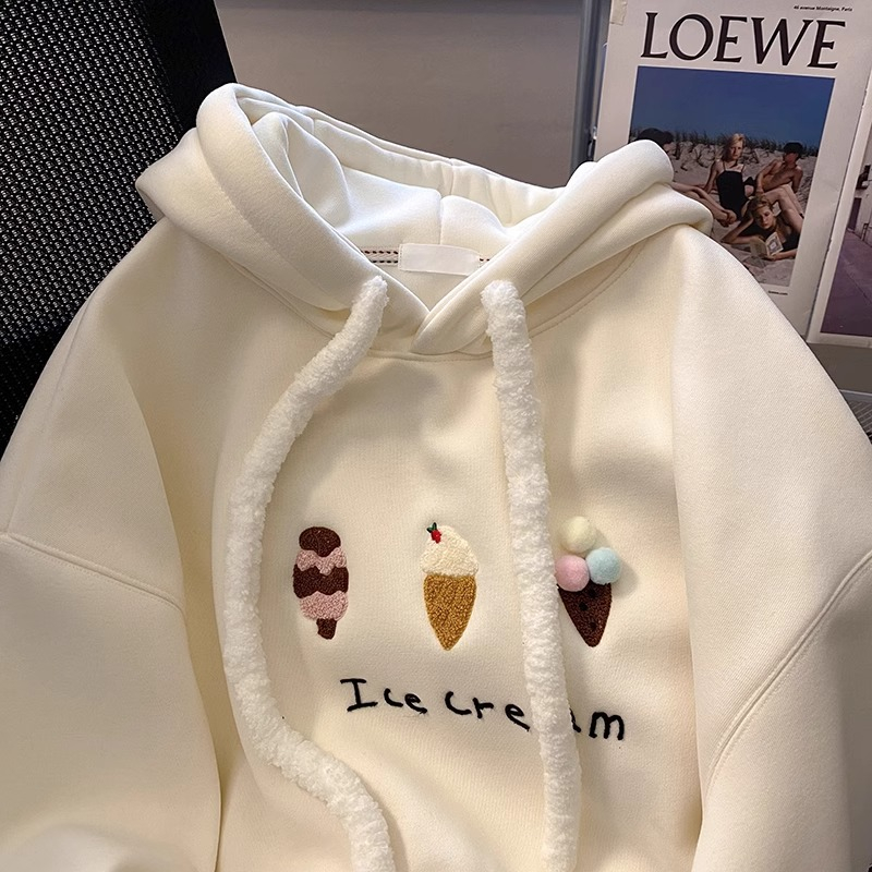 Original workmanship autumn and winter cartoon embroidered hooded sweatshirt for women 2023 new style plus velvet outer wear loose warm top