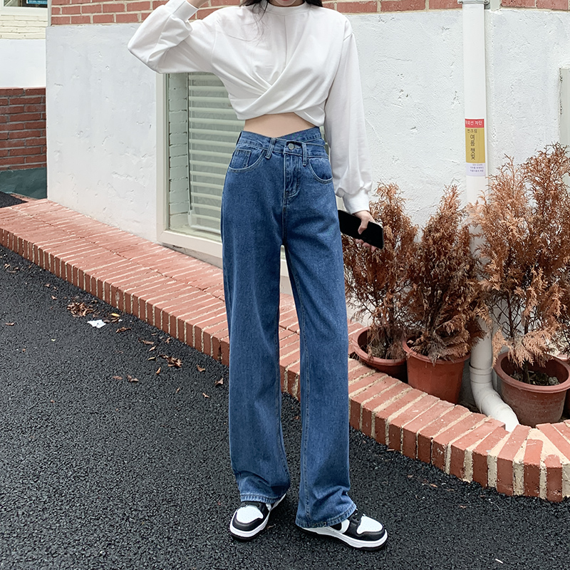 實拍高腰闊腿牛仔褲女2024春季新款直筒設計感小個子拖地褲