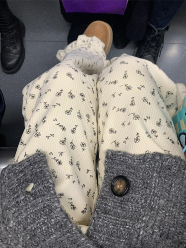 Korean-style floral mini bell-bottom pants for women, winter  new arrival, high-waisted, slimming, loose, floor-length wide-leg mule pants