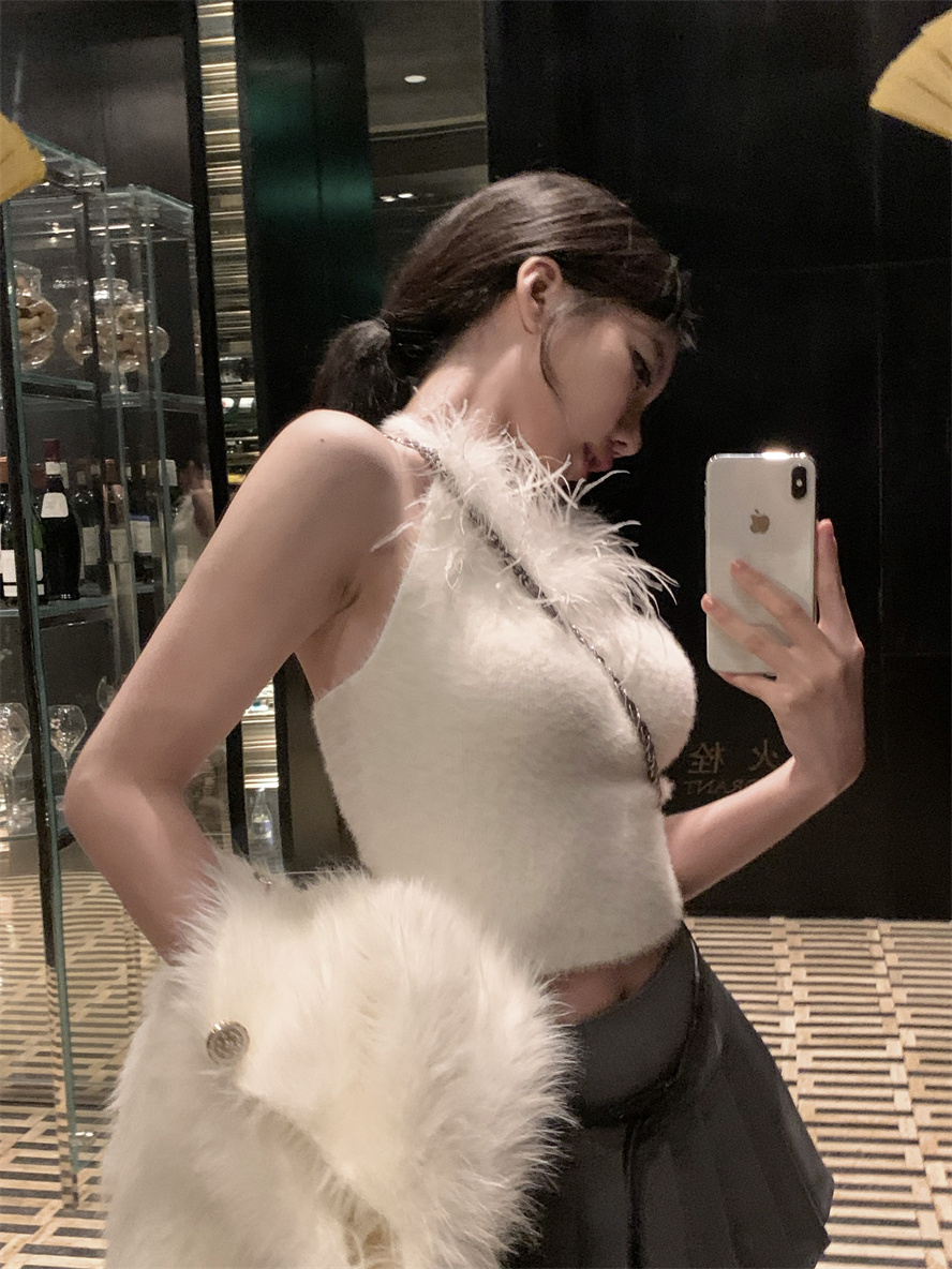 實拍 欲欲仙子毛鴕鳥毛掛脖針織背心女溫柔氣質性感小眾上衣