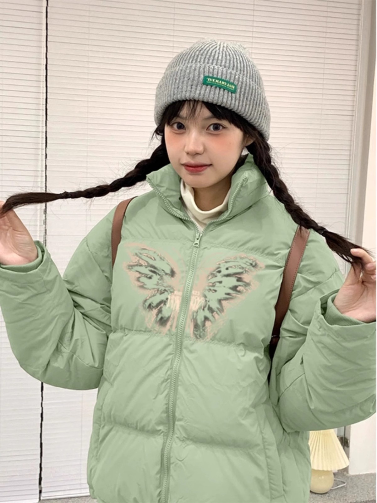 高品質手塞棉加厚冬季新款棉服寬鬆印花棉衣麵包服女