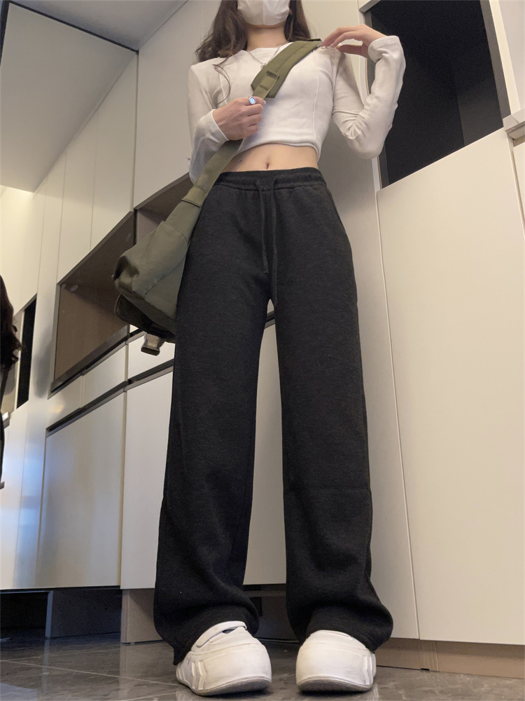 實拍秋冬加厚慵懶衛褲女高腰顯瘦垂感闊腿褲抽繩直筒褲子