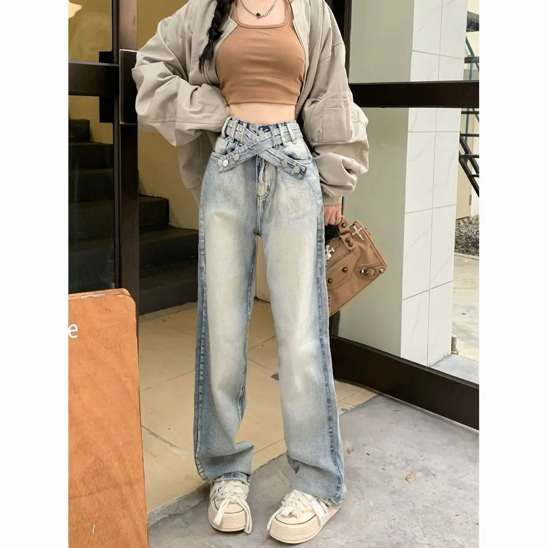 港味秋季新款淺色綁帶交叉百搭直筒洗水牛仔褲女遮肉顯瘦百搭長褲