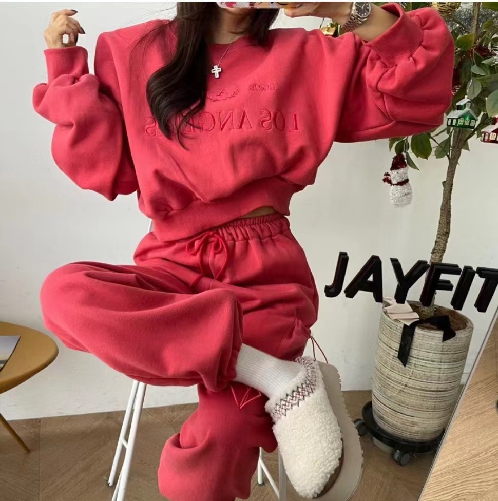 新款韓系寬鬆字母刺繡泡泡肩小眾加絨衛衣衛褲時尚兩件套女潮