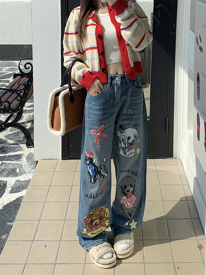 實拍！小狗牛仔褲女新款設計感小眾寬鬆直筒休閒闊腿長褲