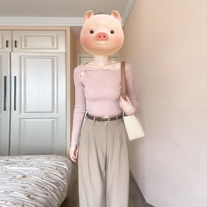 粉色不規則針織衫毛衣女秋冬季2023新款設計感修身內搭打底衫上衣