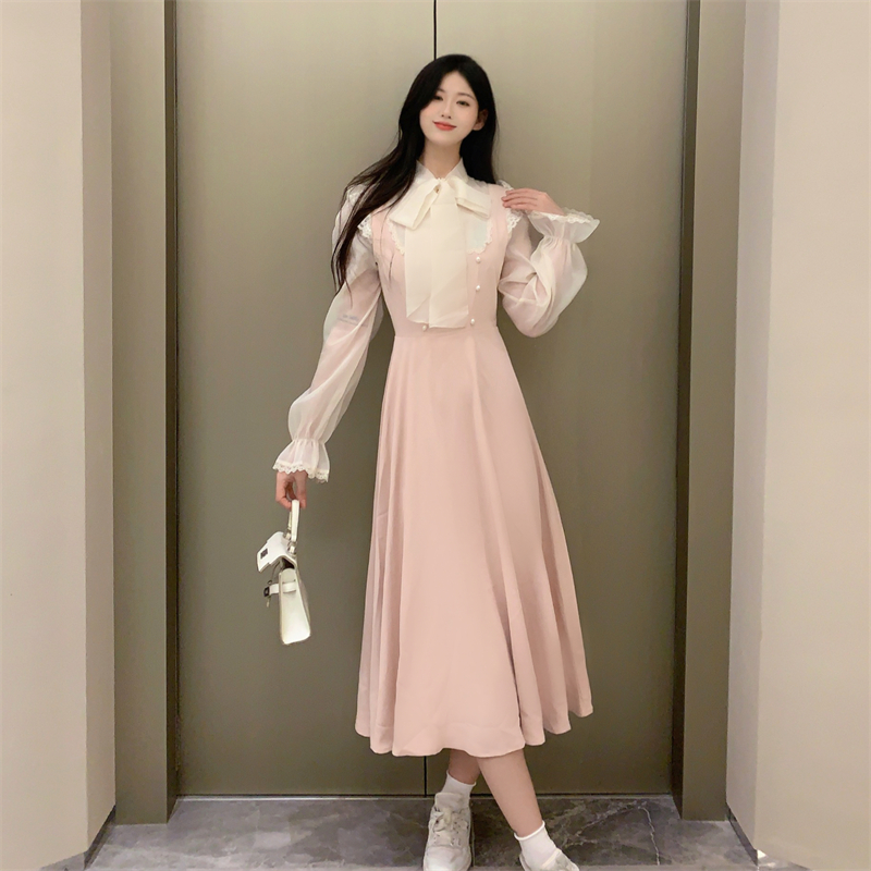 實拍  大碼胖mm2024春秋新款溫柔風甜美氣質少女長袖假兩件連衣裙