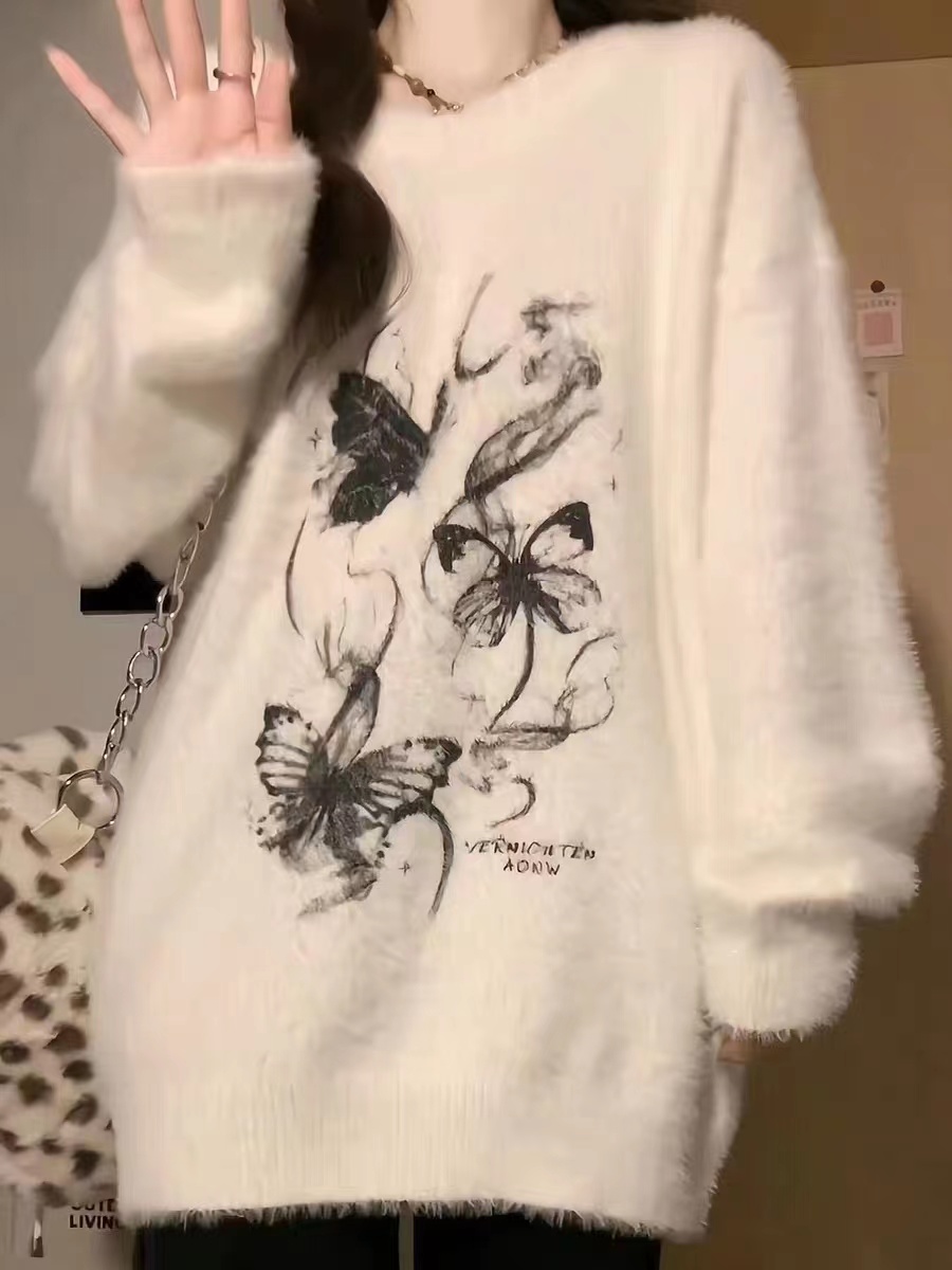 復古仿貂絨蝴蝶毛衣秋冬女寬鬆慵懶風甜美破洞設計感小眾外套上衣