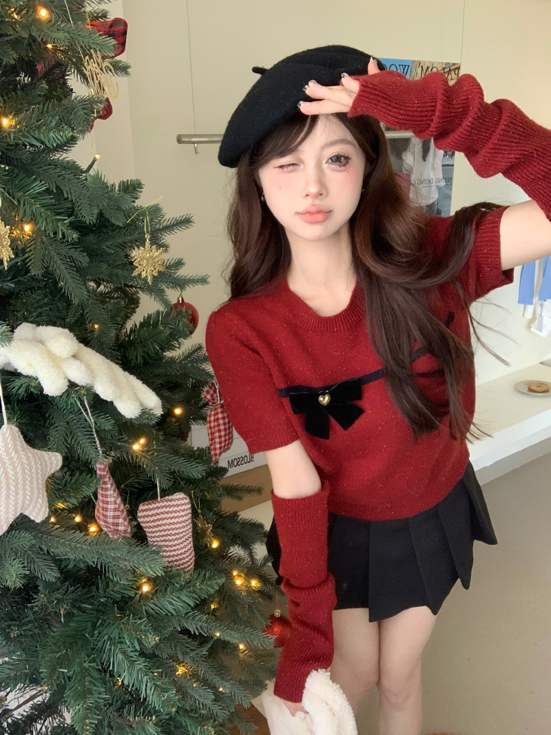 設計感蝴蝶結亮晶晶新年聖誕三色套袖毛衣
